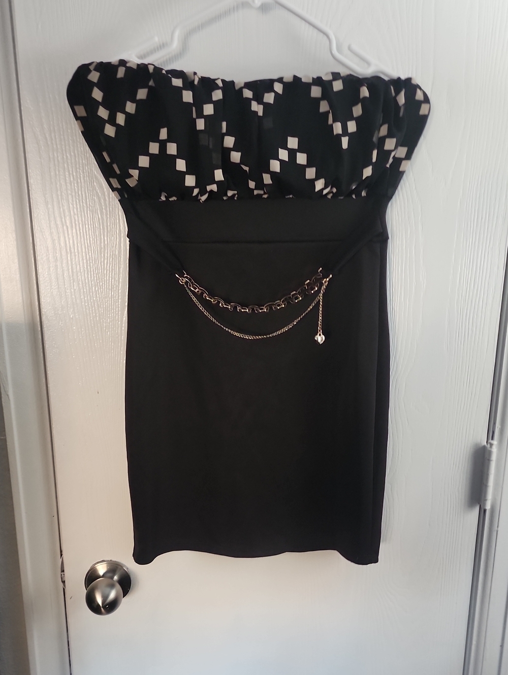 Strapless Black Dress with Geometric Bust and Chain Detail